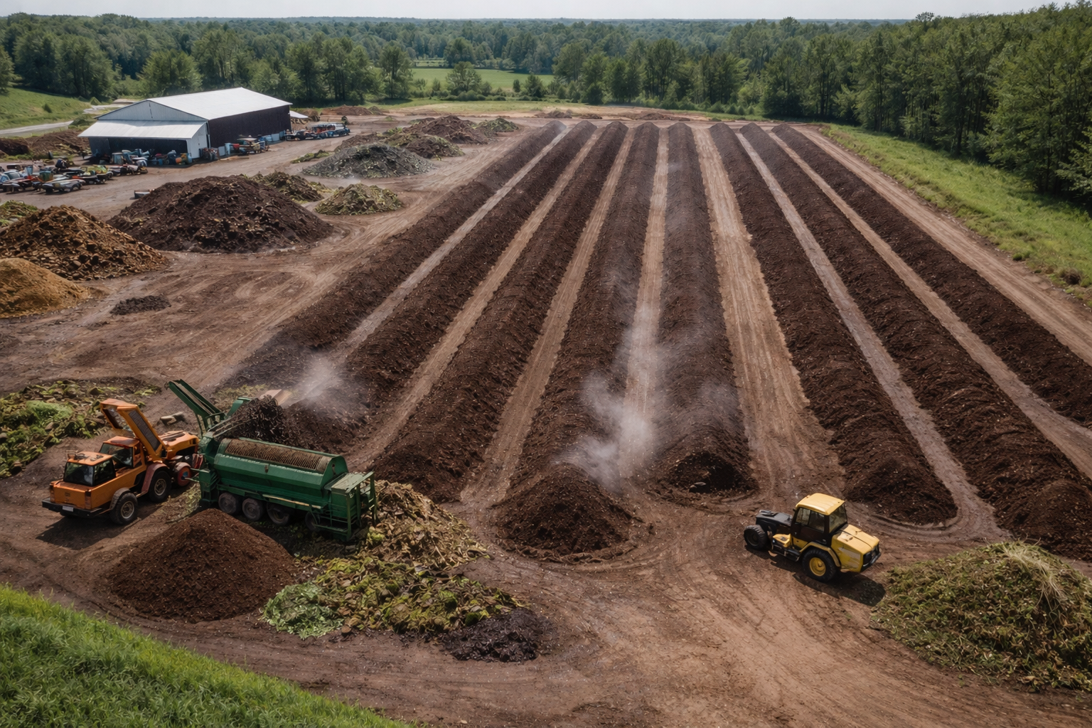 Kompostana s windrow hrpama — primjer postrojenja sli&ccaron;nog kapaciteta na&scaron;em
