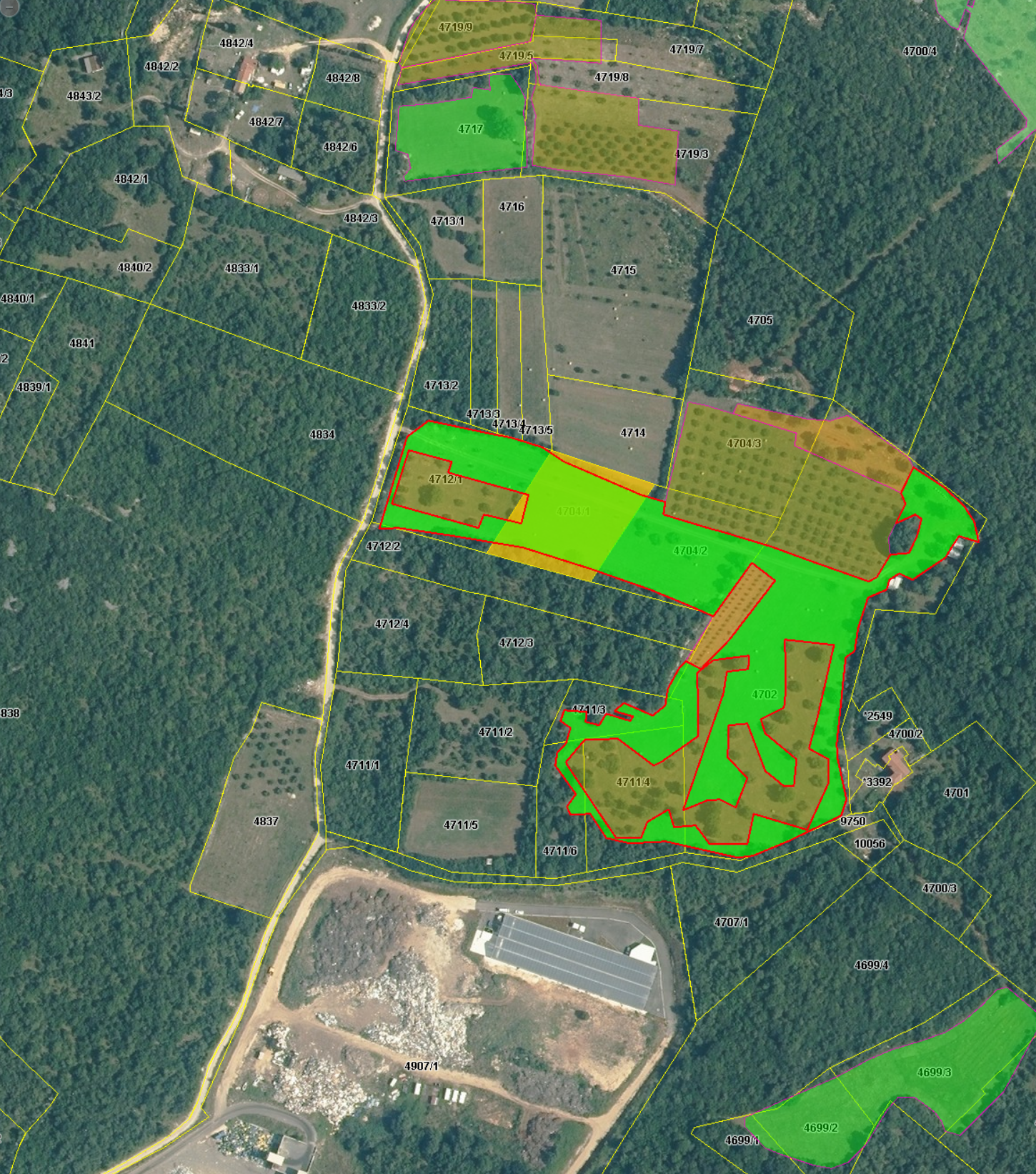 Katastarska karta s mogu&cacute;im parcelama za kompostanu — zona Lokva Vidotto